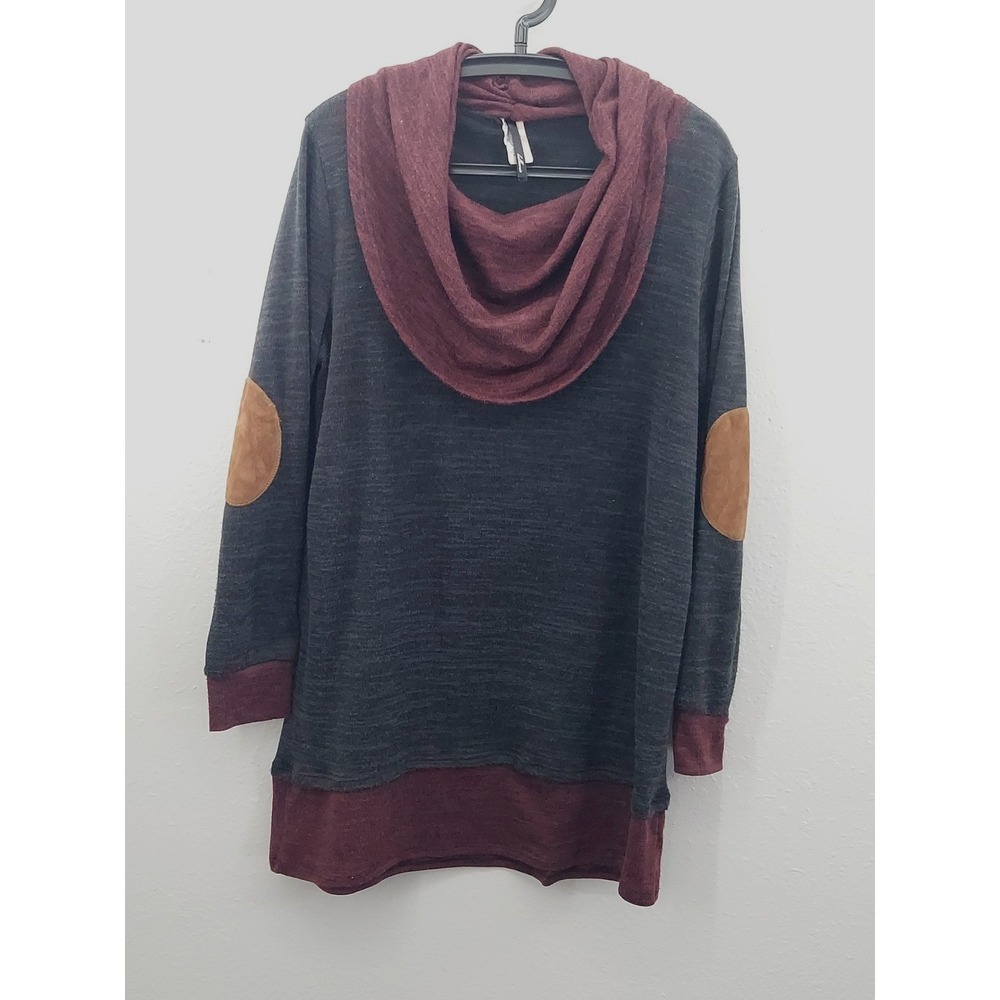 Bellamie Top Tunic Womens XL Gray Burgundy Cowl Neck Elbow Patches‎ USA Made